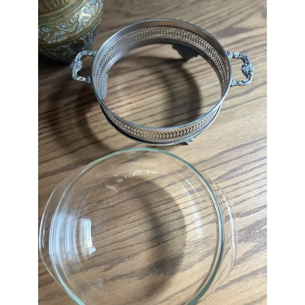 Vintage 3 Quart Pyrex Glass Bowl & Silver Plated Stand With Ornate Handles